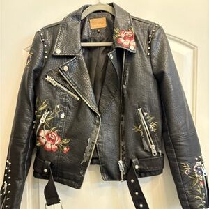 Black Leather Jacket with Floral Embroidery